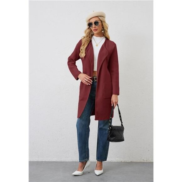 Women's Open Front Knit Cardigan Coats with Pockets Wine Red - Picture 3 of 5